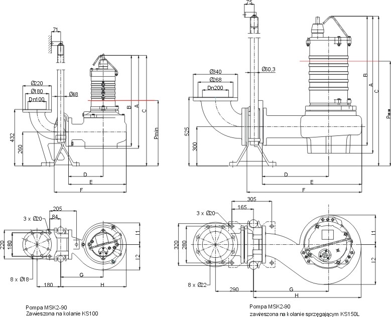 Dimensions of MSK2-90 pumps