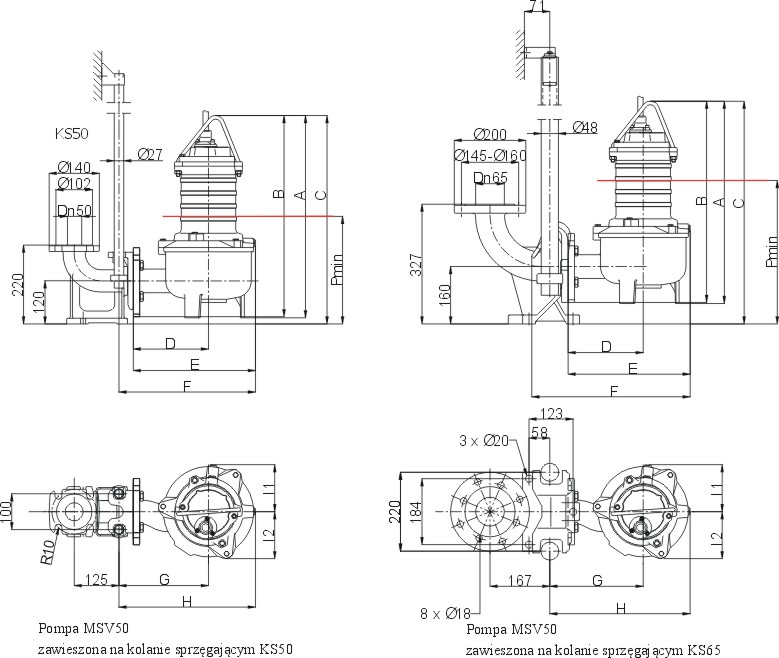 Dimensions of MSV-50 pumps